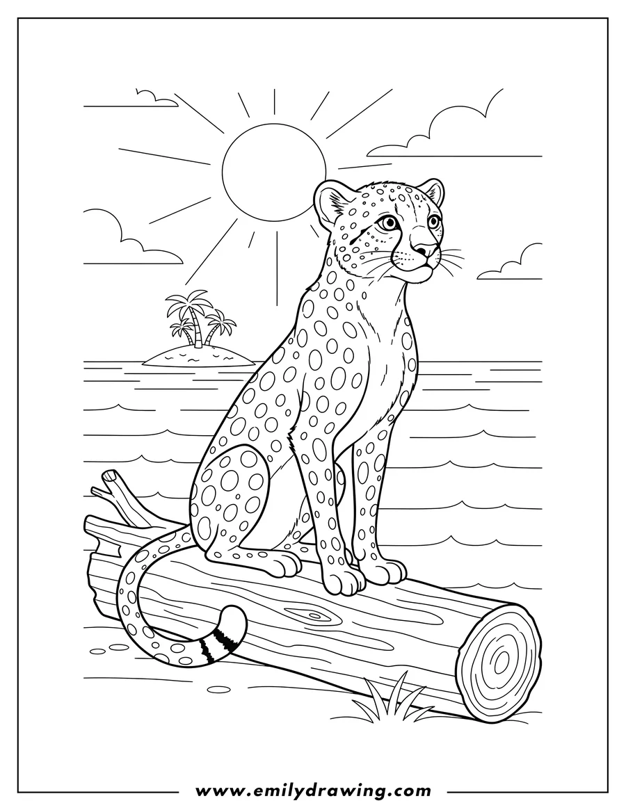 Clean line drawing: cheetah sitting on a log by the sea, looking to the side