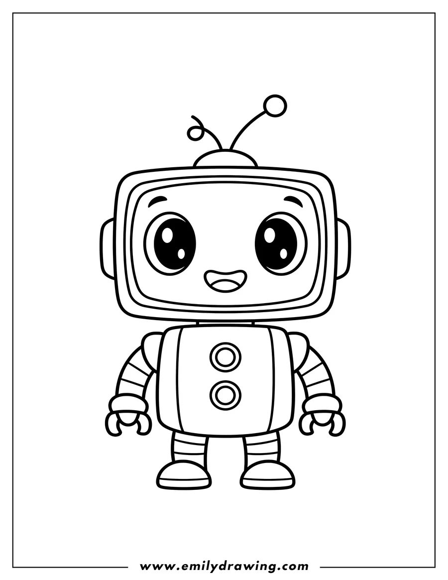Clean line drawing: simple Chibi Tv Robot Preschoolers with big eyes, antenna, and chest buttons