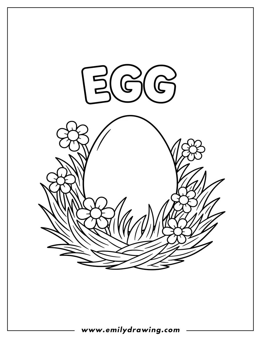 Vector style outline of simple Chicken Egg in a stylized grass nest with flowers and the word EGG above, for Preschoolers