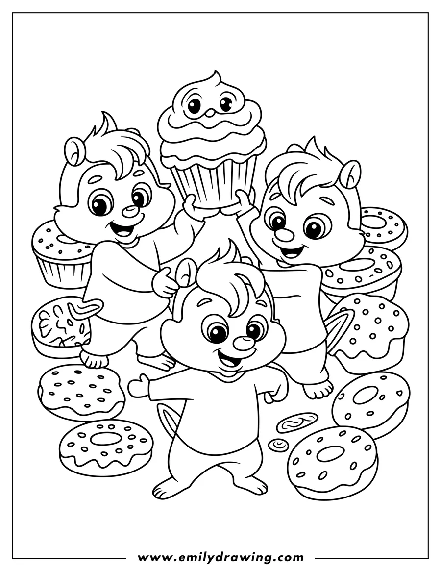 Doodle style coloring picture of chipmunk Trio