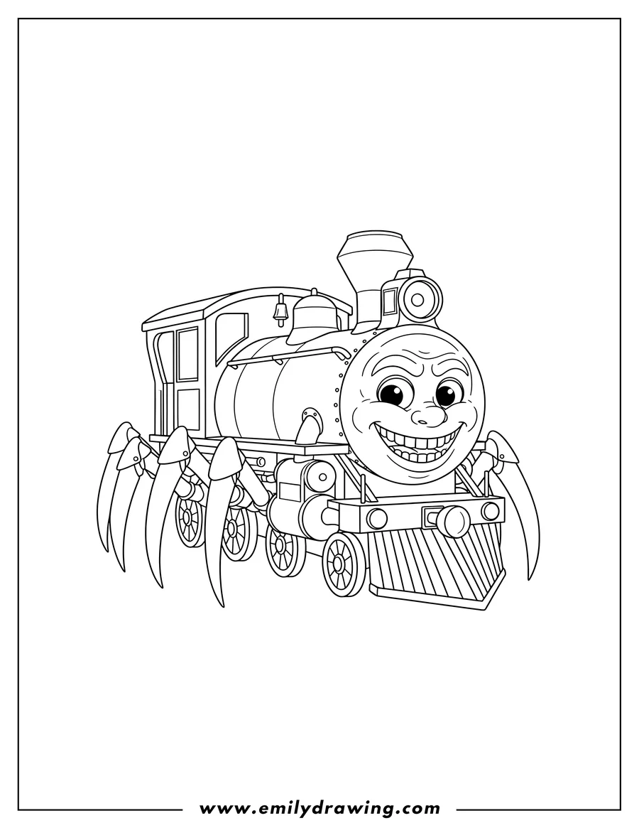 Linear illustration of A Choo Choo Charles Monster, a train engine with spider-like legs, coloring page