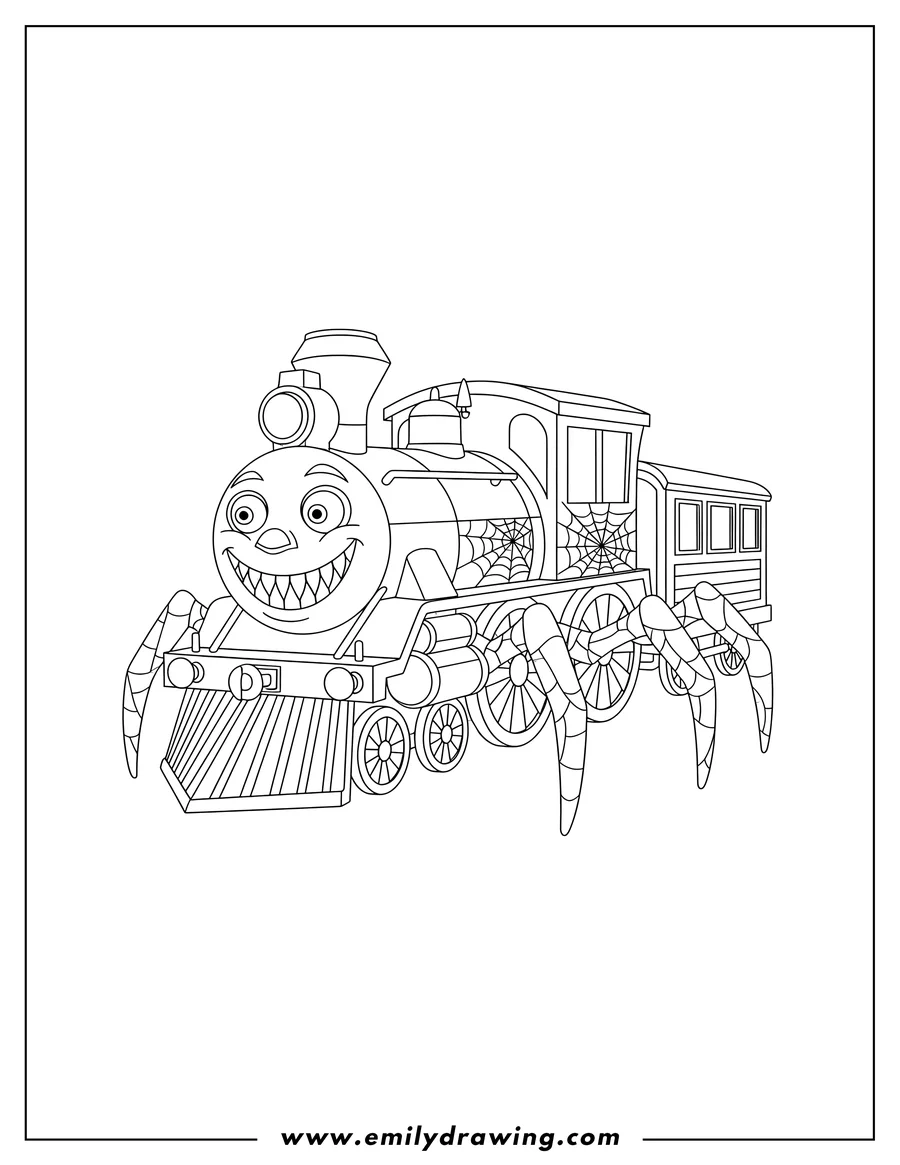 High quality printable simple Choo Choo Charles Outline Preschoolers with spider legs and a scary grin for coloring