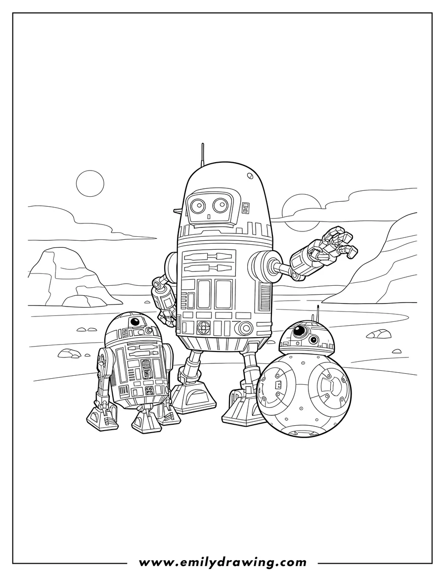 PDF style coloring page: chopper, BB8, and R2 D2, with Chopper extending an arm