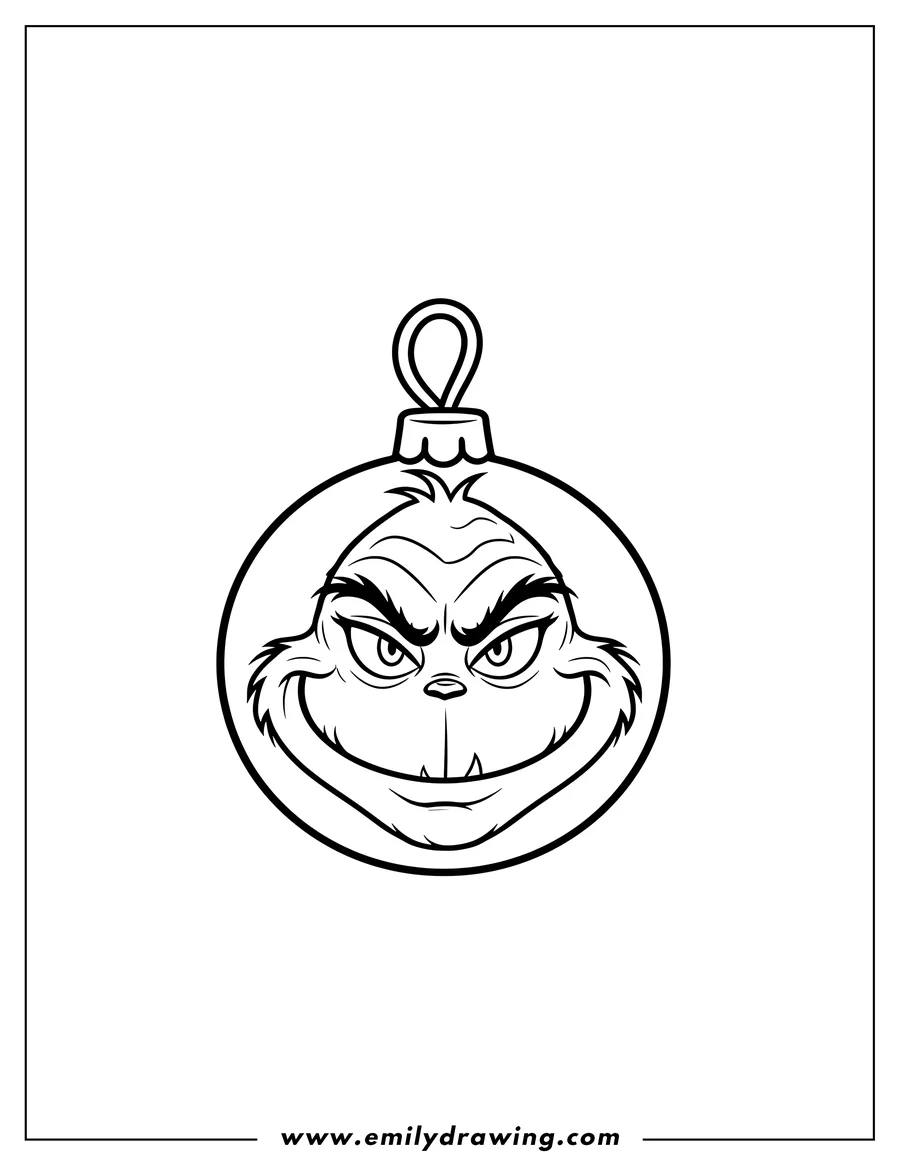 Full page coloring image of simple Christmas Bauble Ornament with a mischievous Grinch face