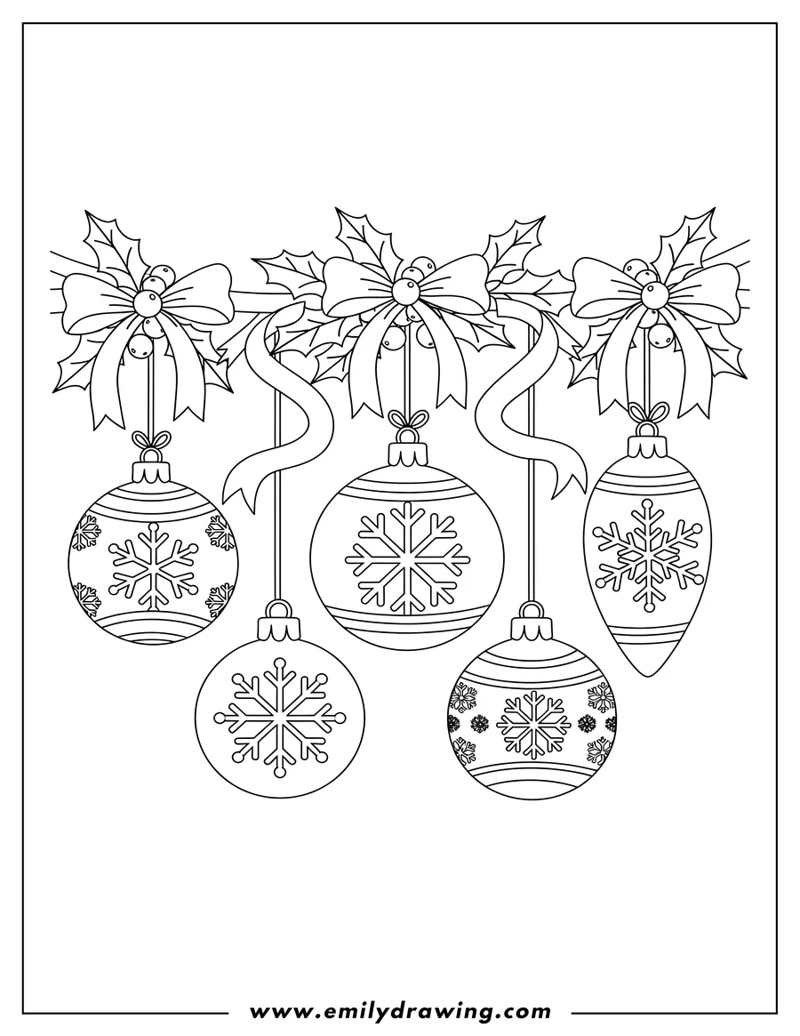 Vector style outline of christmas Bulbs with snowflake patterns hanging from holly leaves and ribbons, adorned with bows