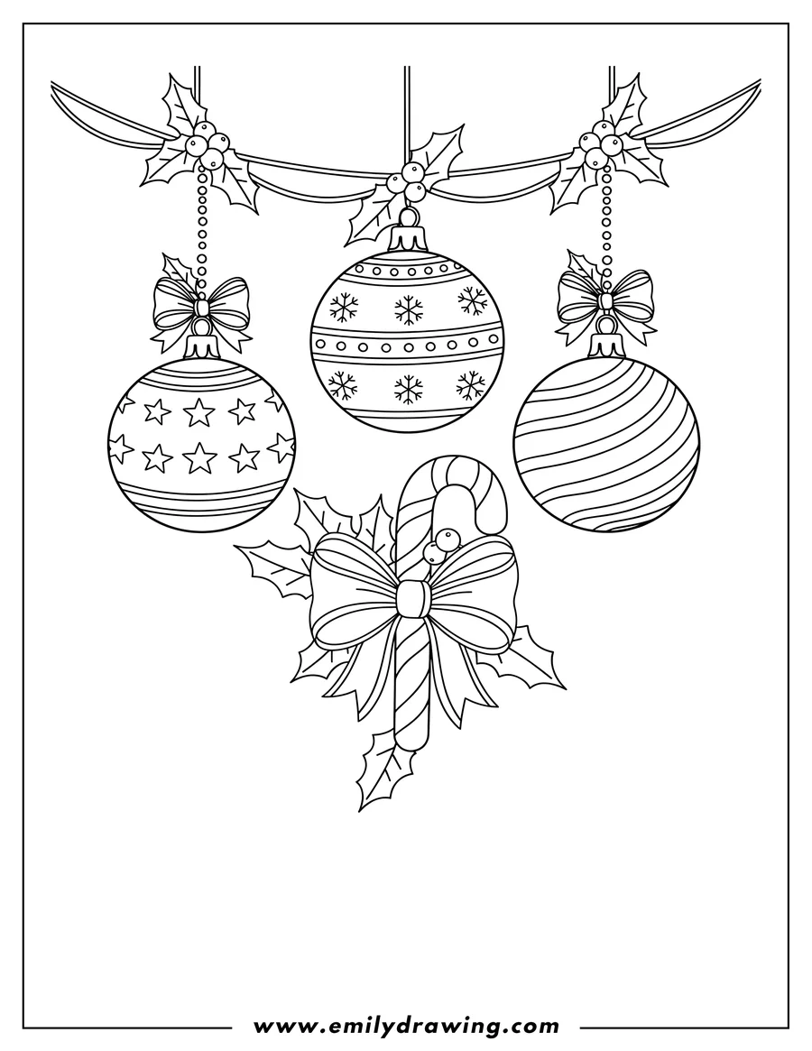 Coloring page of simple Christmas Globes And Candy Cane Ornaments Outline, with a bow on the candy cane and holly leaves with berries