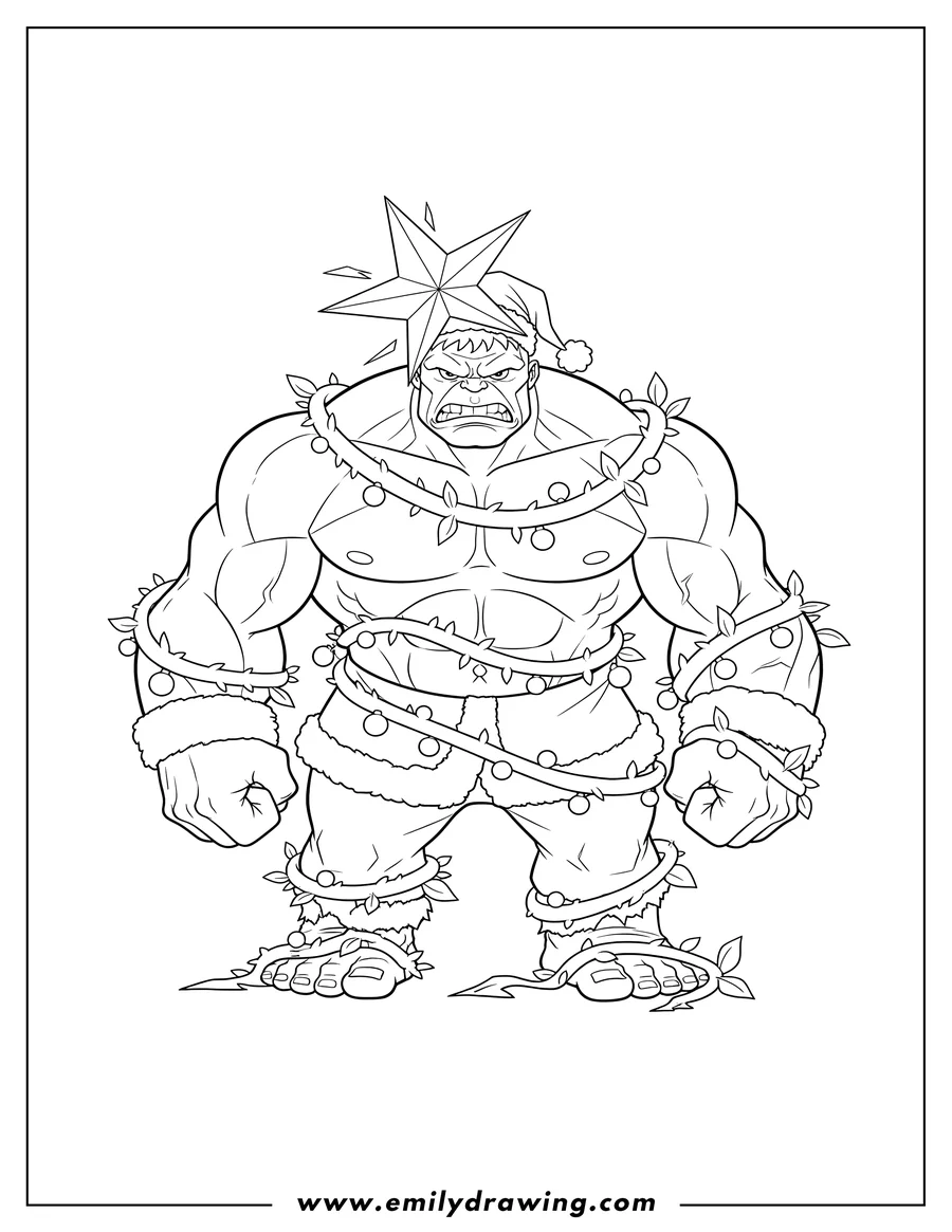 Full page coloring image of christmas Hulk, wrapped in garland with a star on his head, looking grumpy