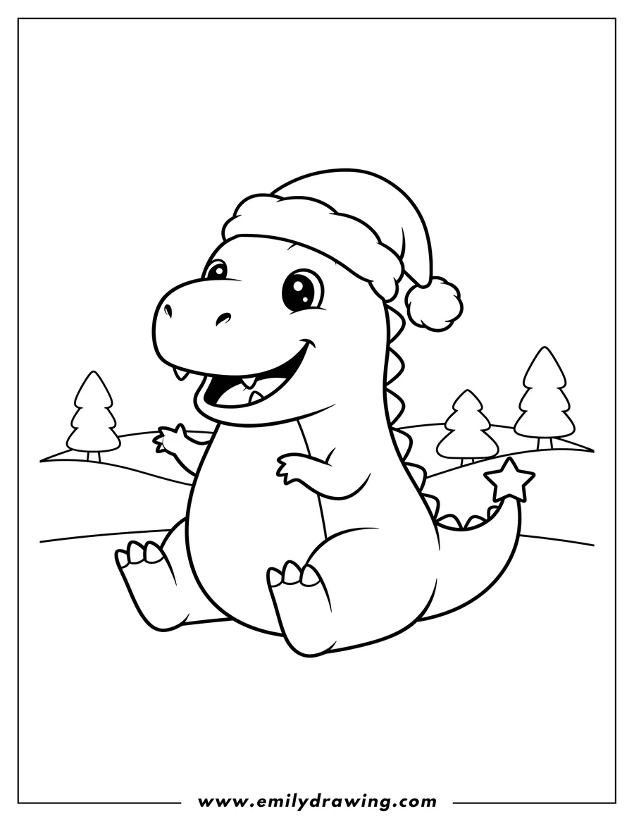 Linear illustration of cute Christmas T-Rex wearing a Santa hat and a star on its tail, sitting happily