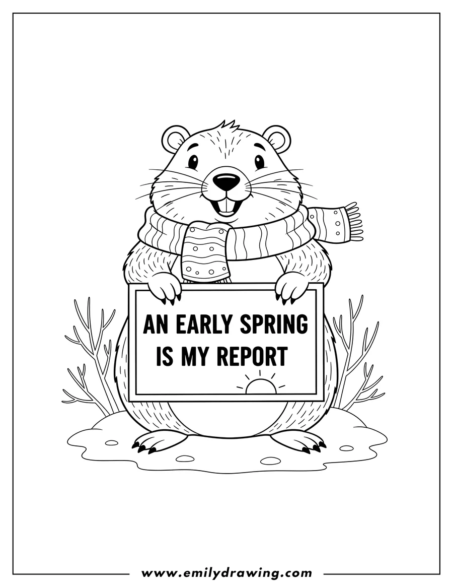 Printable line art of chubby Groundhog smiling, wearing a scarf, and holding a sign that reads An early spring is my report