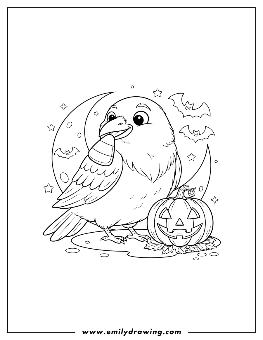 Linear illustration of chubby raven holding candy corn, with a jack-o'-lantern, Halloween coloring page