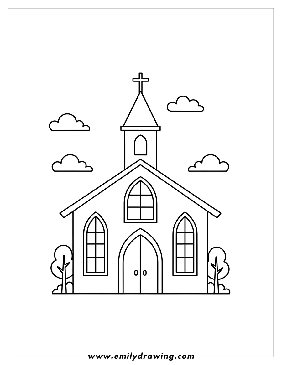 Free to print drawing of simple Church Building Preschoolers, with a steeple and cross, arched windows and doors