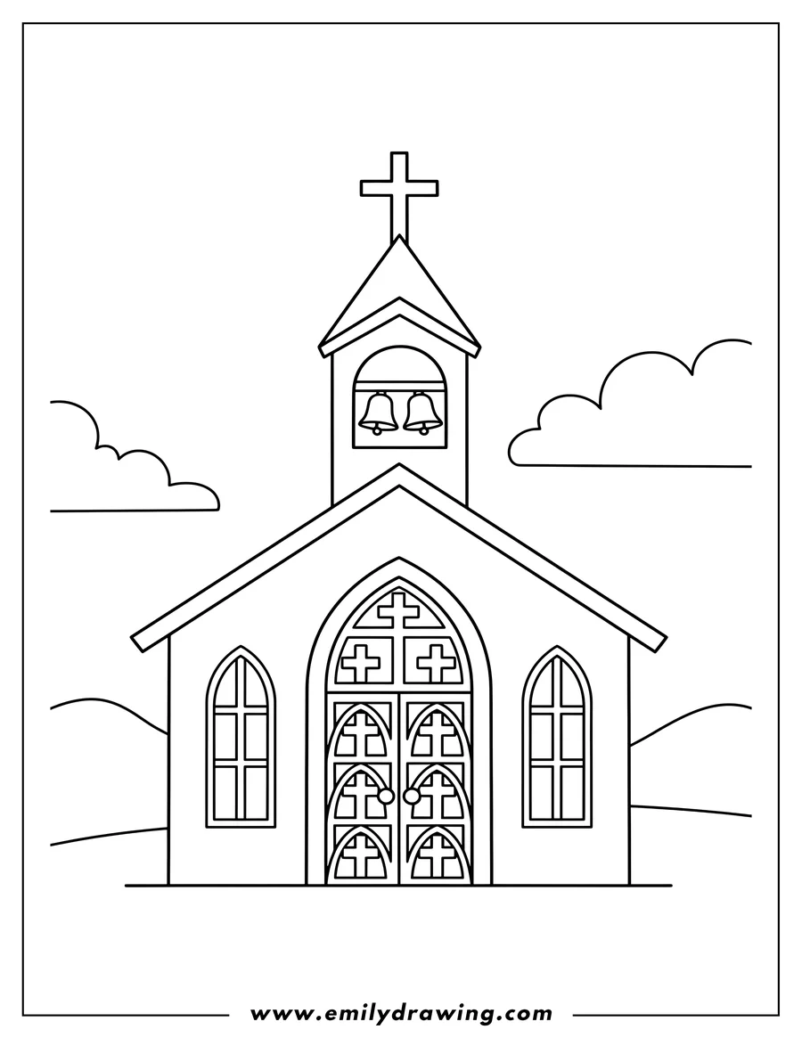 Printable line art of simple Church With Crosses And Bells, featuring an arched main door with a cross pattern and arched windows