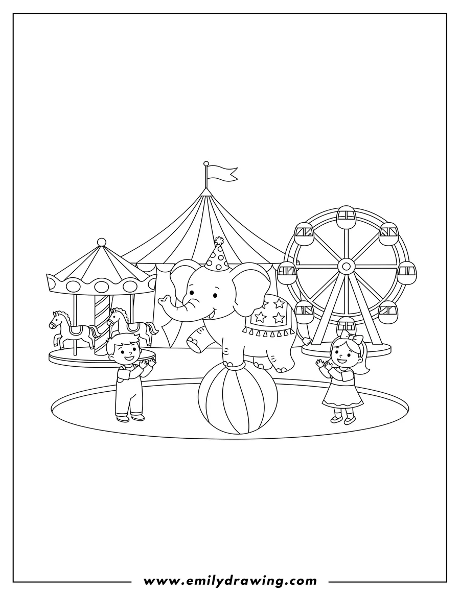 Linear illustration of simple Circus Show Preschoolers, with an elephant balancing on a ball, a carousel, and a ferris wheel
