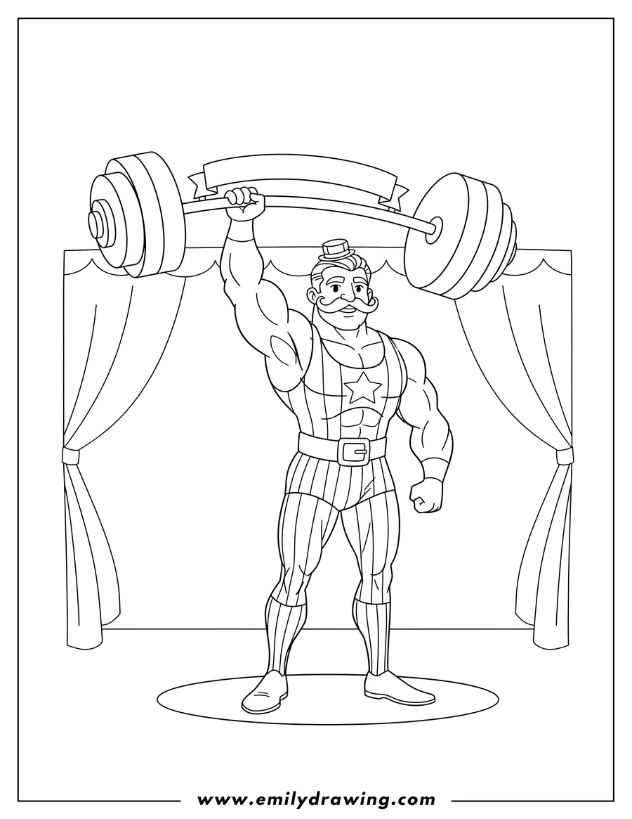 Free to print drawing of circus strongman with a mustache lifting a barbell overhead with one hand