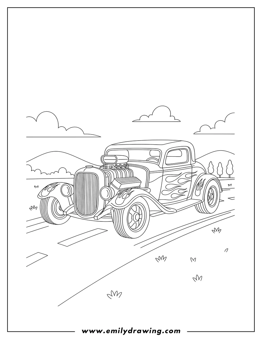 Linear illustration of classic Retro Hot Rod with flames, driving on a road