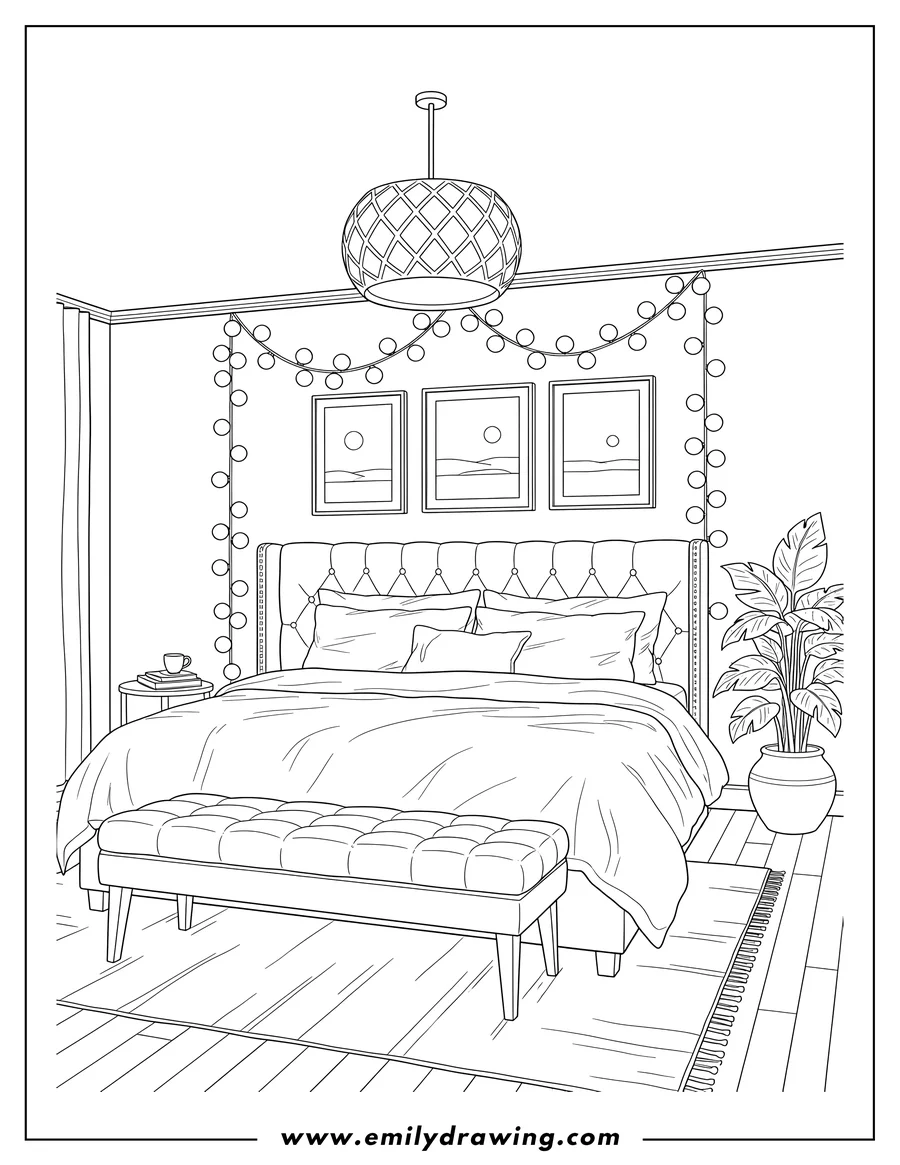 Simple sketch of classy Bedroom with a comfy bed, ottoman bench, wall paintings, a ceiling lamp, and string lights to color