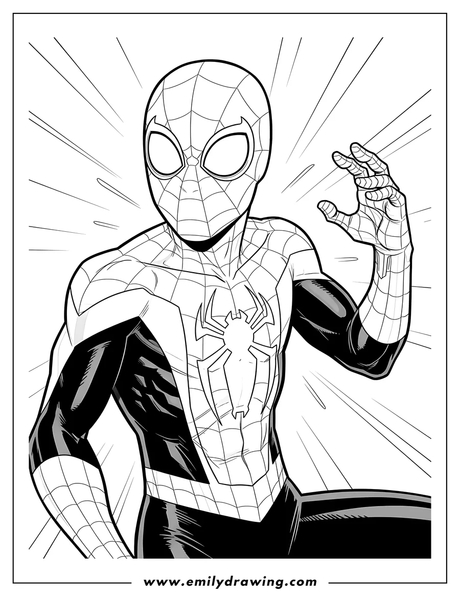 Clean line drawing: [Scene]: Close Up Miles Morales, surprised, looking over his shoulder