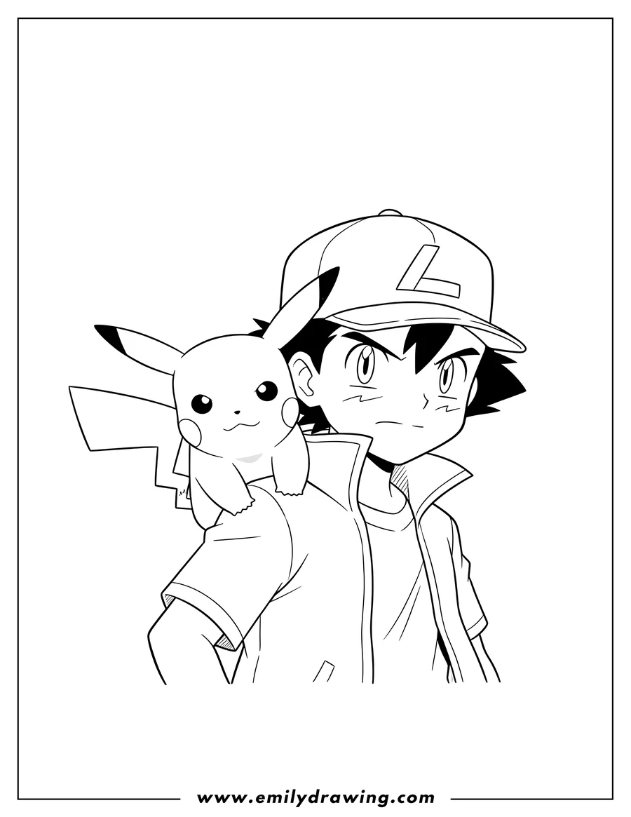 Coloring page for kids: simple Close Up Ash Ketchum With Pikachu on his shoulder, both with determined expressions
