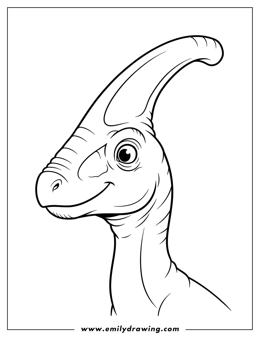 Printable line art of simple Close Up Parasaurolophus with a prominent head crest, looking to the side