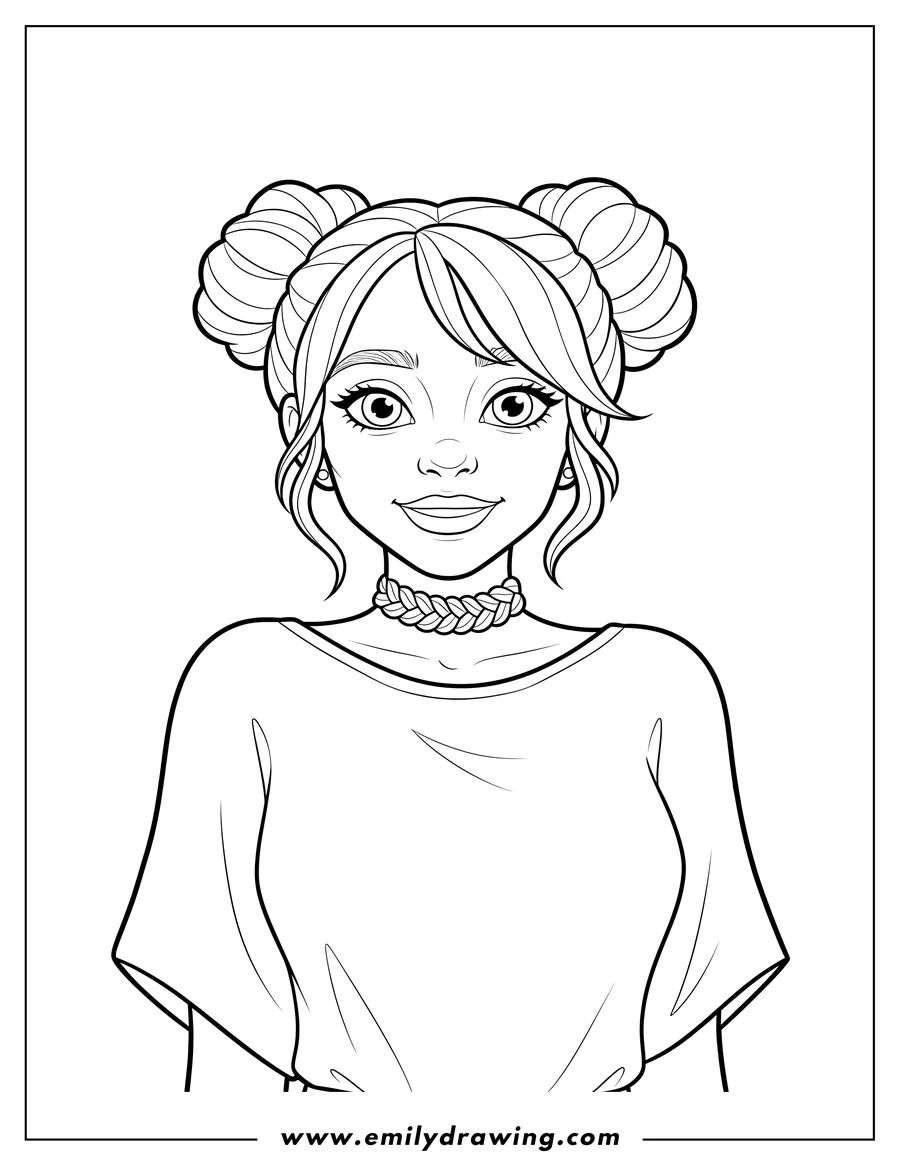 Black and white line art of simple Billie Eilish Close Up with double hair buns and a braided choker