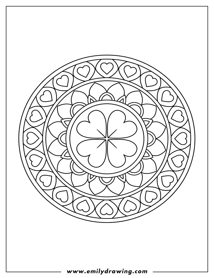 Clean line drawing: simple clover mandala with four hearts