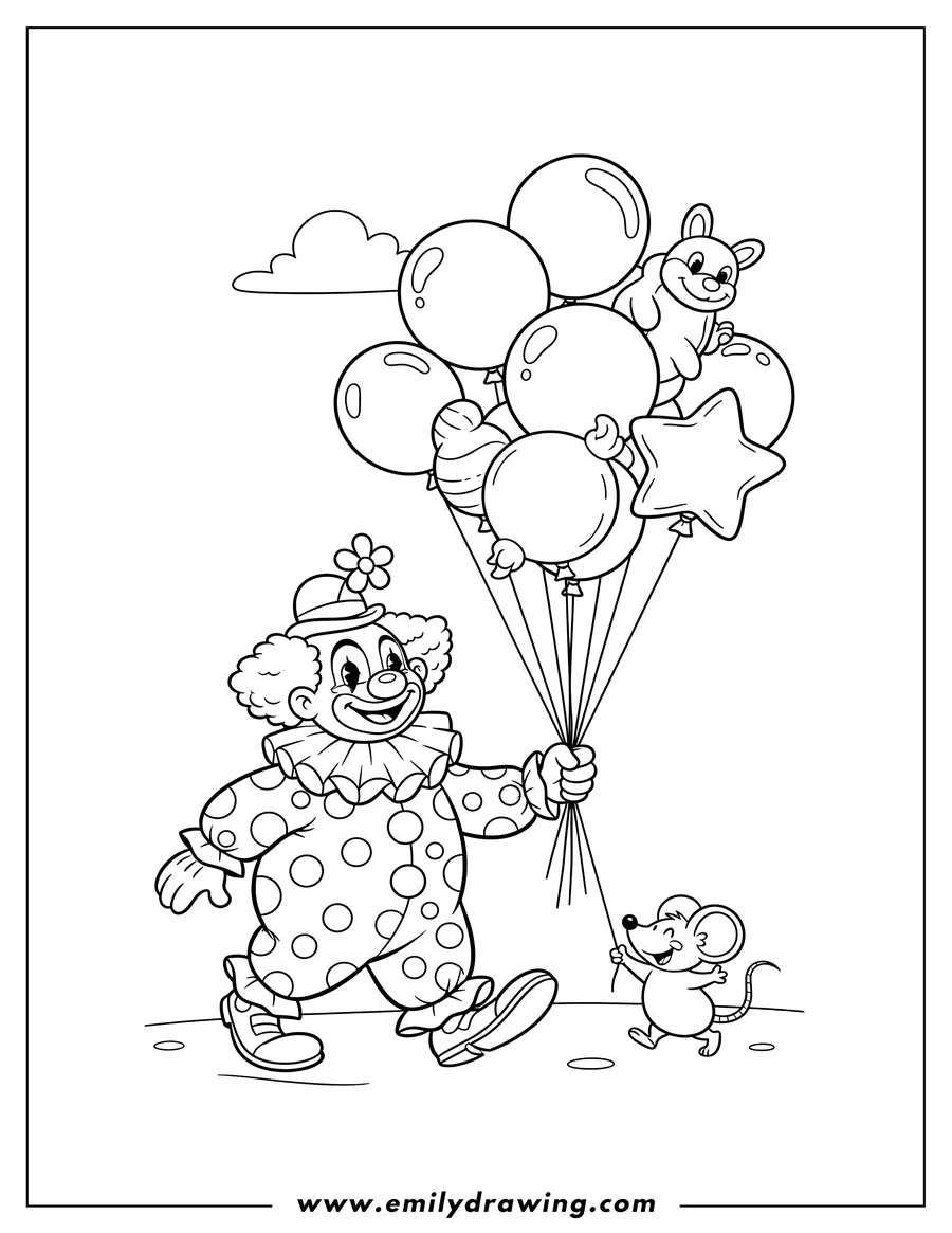 Printable line art of simple Clown walking with balloons and a little mouse