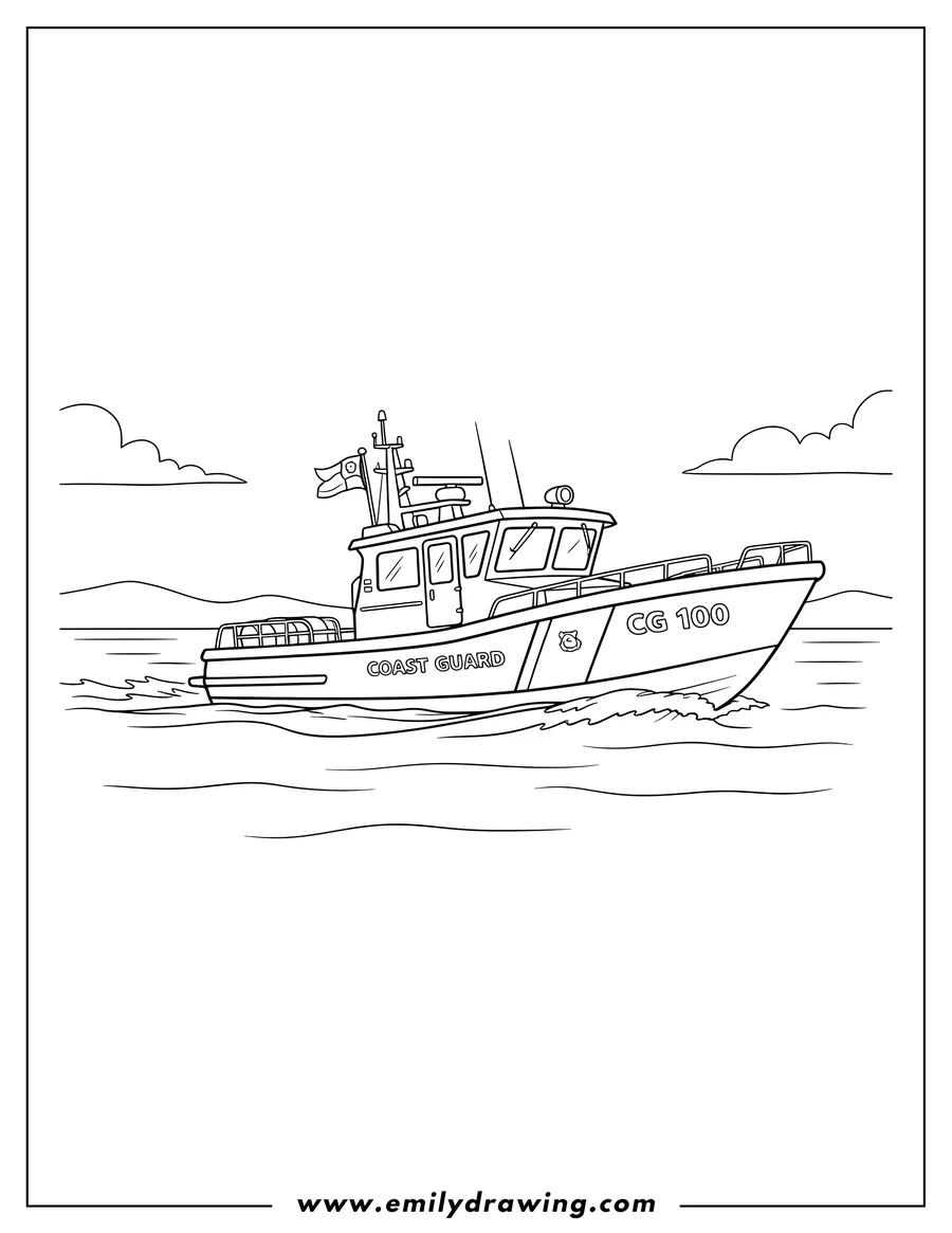 Outline drawing of coast Guard boat moving on the water with 'CG 100' on its side