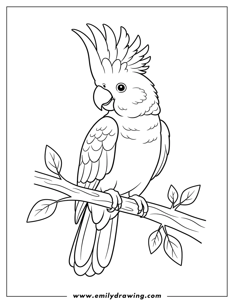 Outline drawing of cockatoo Parrot To Color, perching on a branch