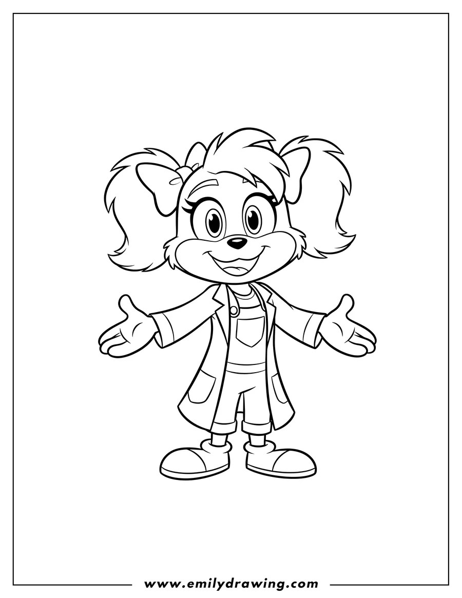 Coloring sheet featuring simple Coco Bandicoot standing and smiling