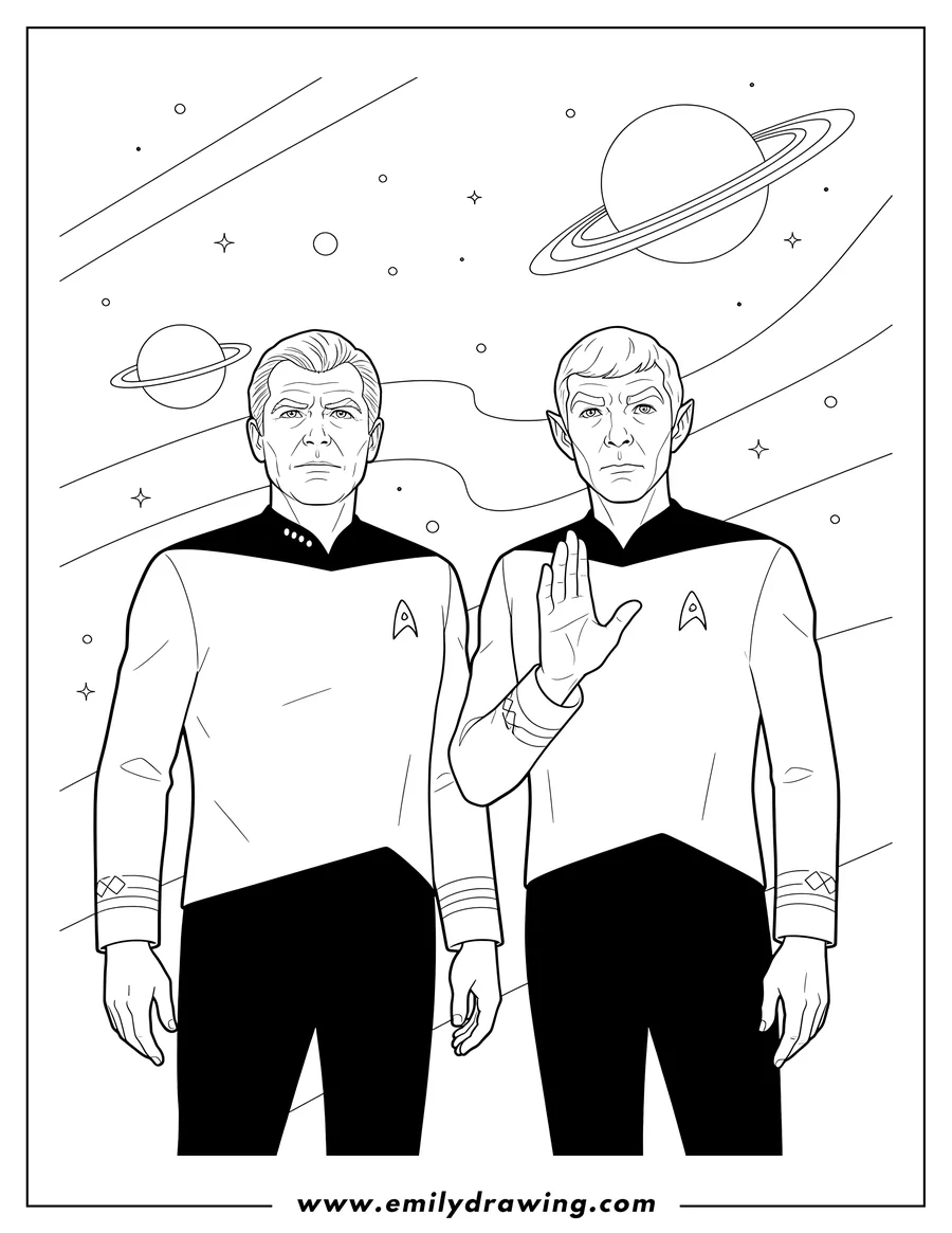 Full page coloring image of simple Outline Admiral Kirk And Spock standing in Starfleet uniforms looking up