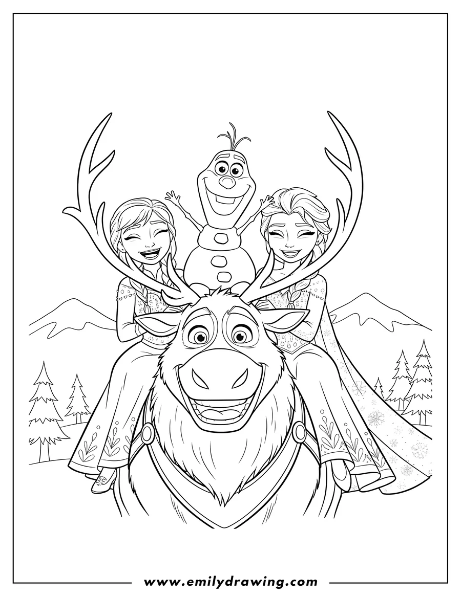 Vector style outline of anna, Elsa, Olaf on Sven's head, and Sven smiling