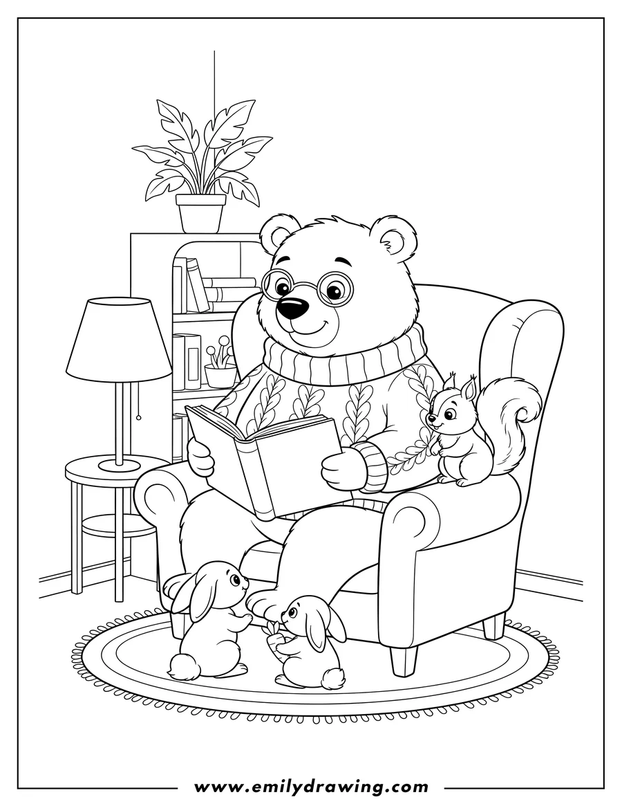 High quality printable bear reading a book in an armchair to two rabbits and a squirrel, in a cozy corner for coloring