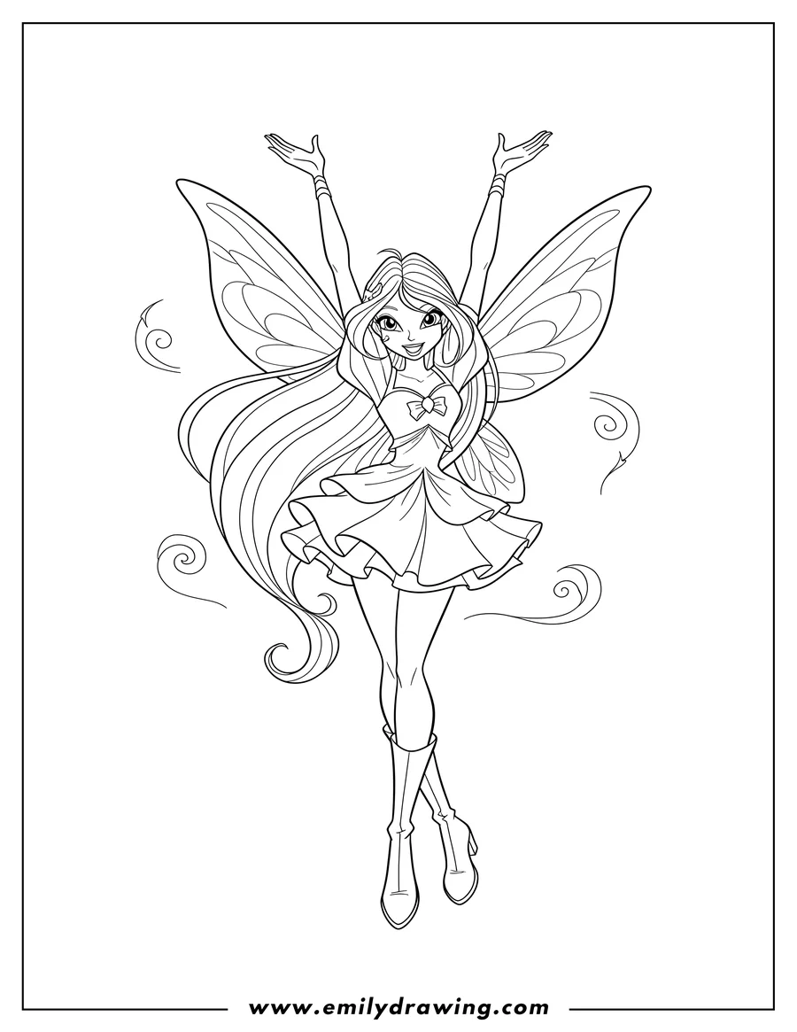 Coloring page of bloom Dancing with arms raised and a wide smile