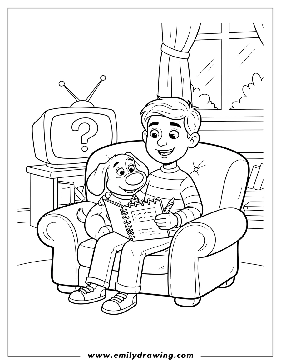 Simple sketch of blues Clues Tv: Host and Blue sitting in armchair, holding notebook to color