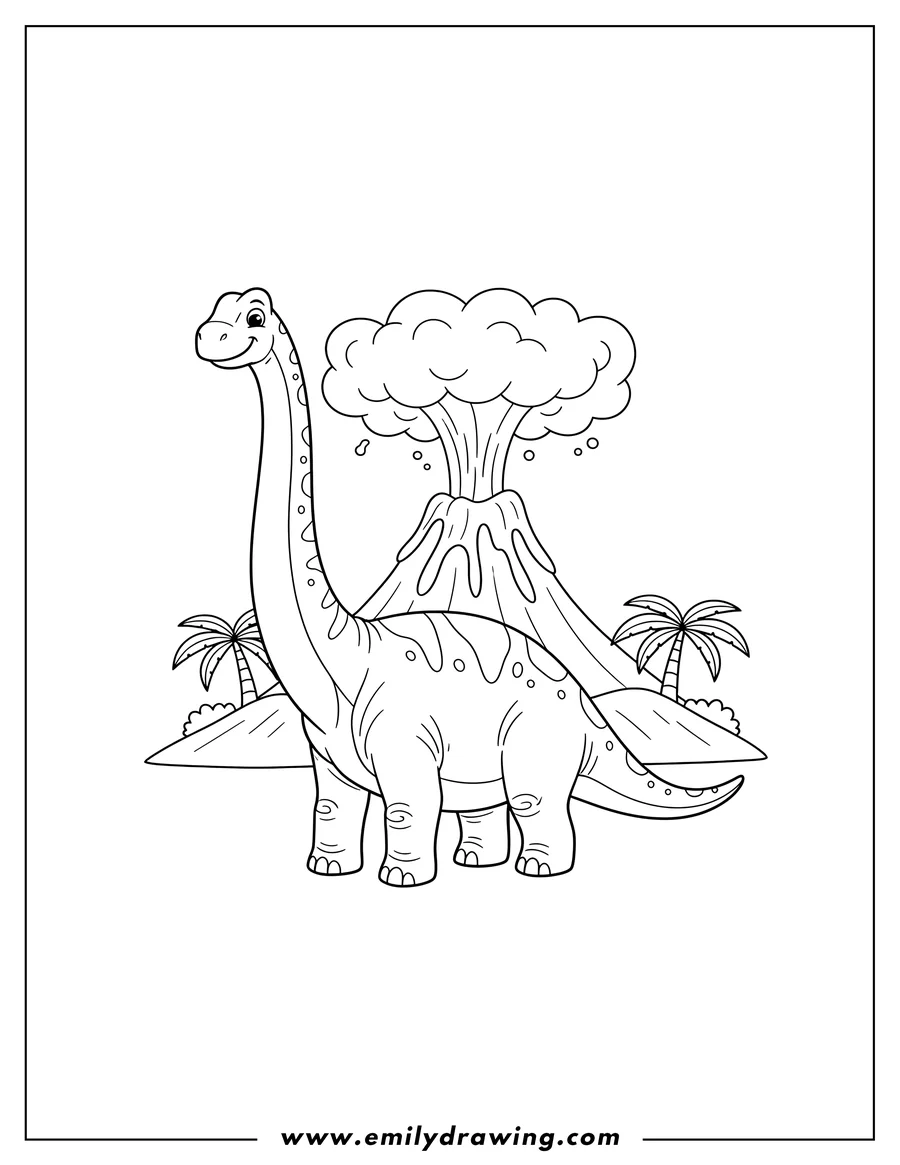 Coloring page of brachiosaurus with its long neck standing, with a volcanic eruption behind it