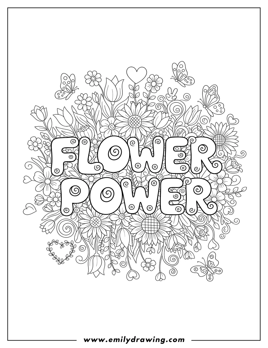 Vector style outline of bubbly FLOWER POWER words surrounded by flowers and butterflies