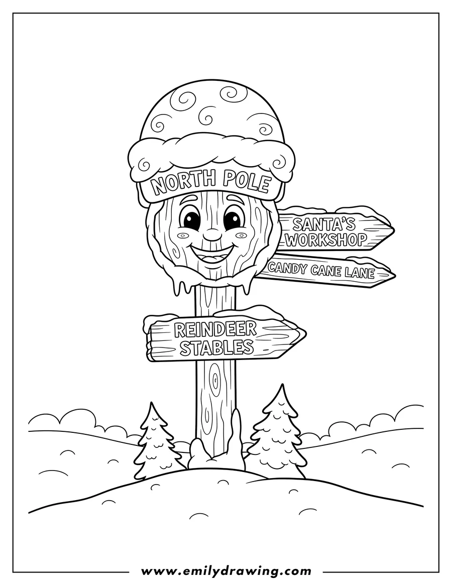PDF style coloring page: cartoon North Pole Sign with a face and snow on top