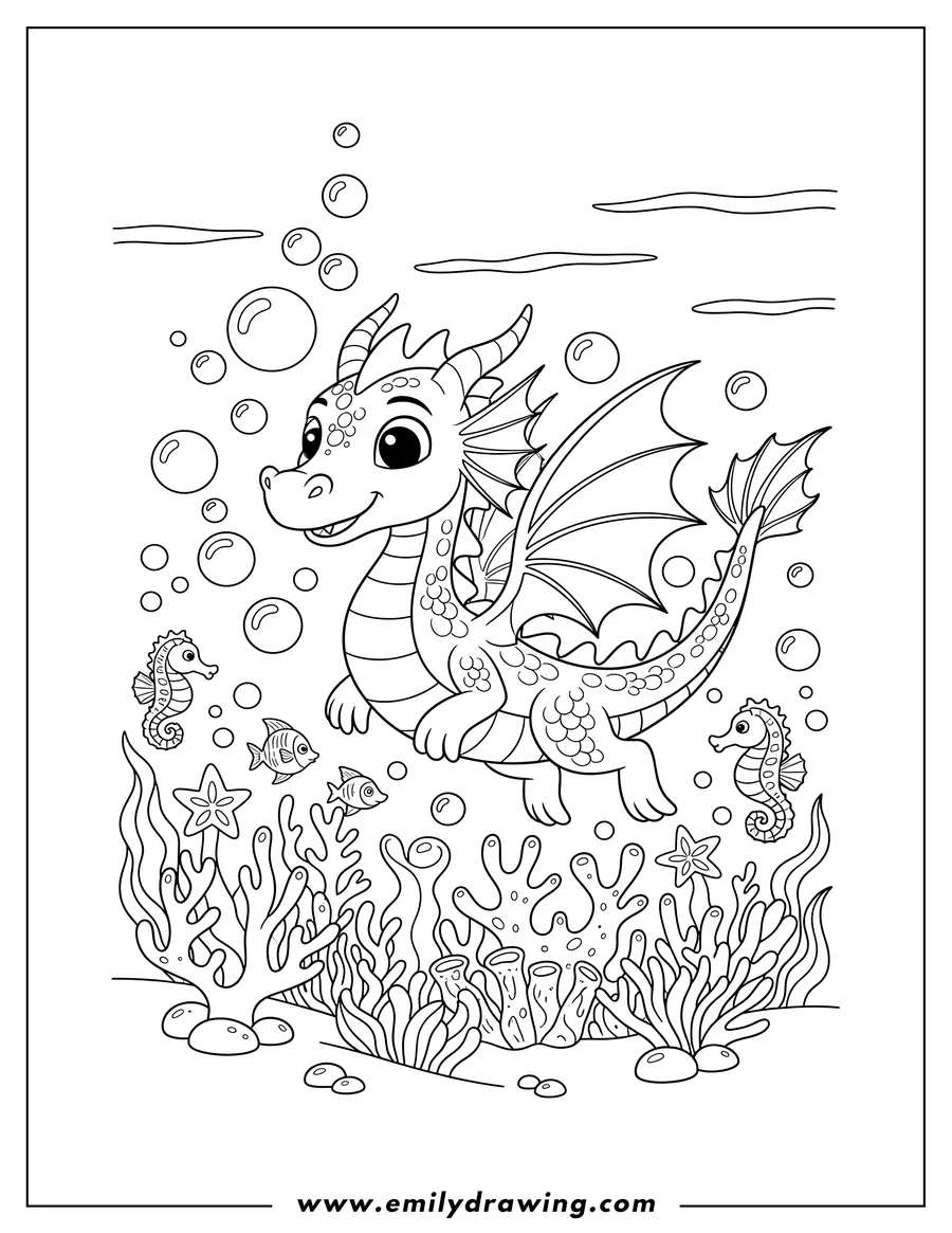 High quality printable coral Under Sea, with a dragon swimming through bubbles for coloring