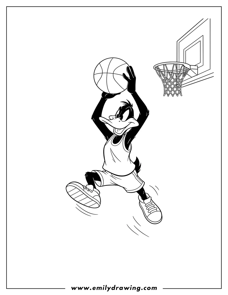 Clean line drawing: daffy Duck Aiming Basketball, jumping and holding it above his head