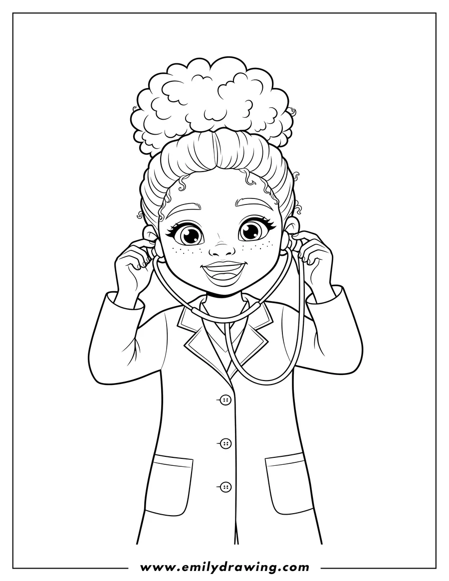 Printable line art of smiling Black girl doctor with curly hair in a bun, wearing a lab coat, and holding a stethoscope up to her ear
