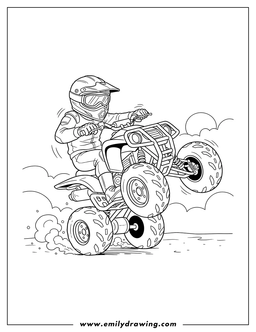 Black and white line art of driver in helmet and goggles performing a wheelie on an ATV