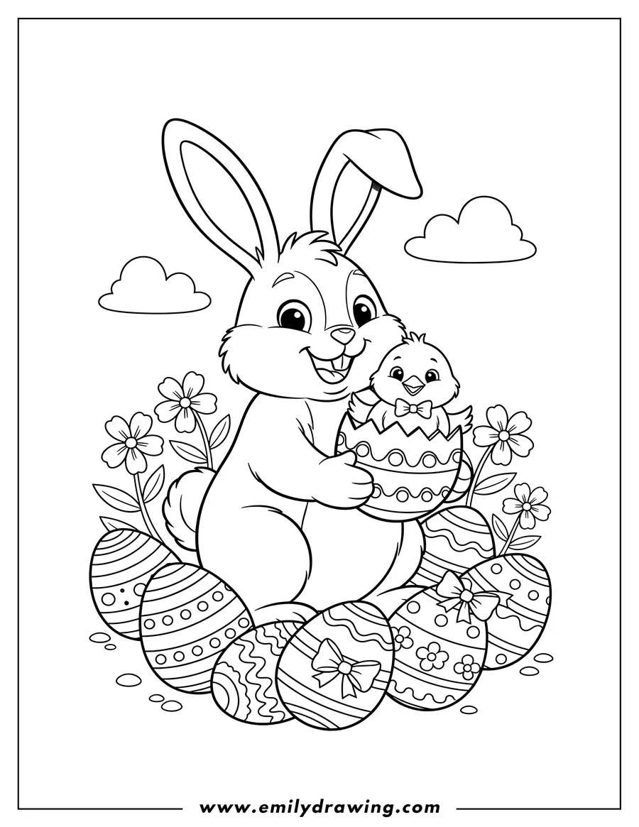 Linear illustration of easter Bunny Cover Image, happy bunny holding a chick in an egg, with decorated Easter eggs