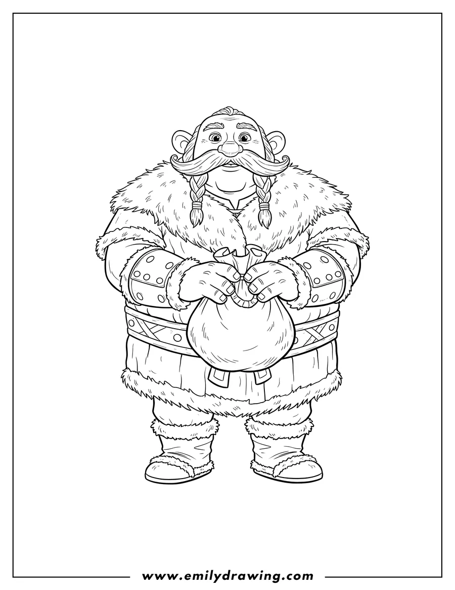 Clean line drawing: fishlegs Ingerman, holding a pouch, with a braided mustache and furry outfit