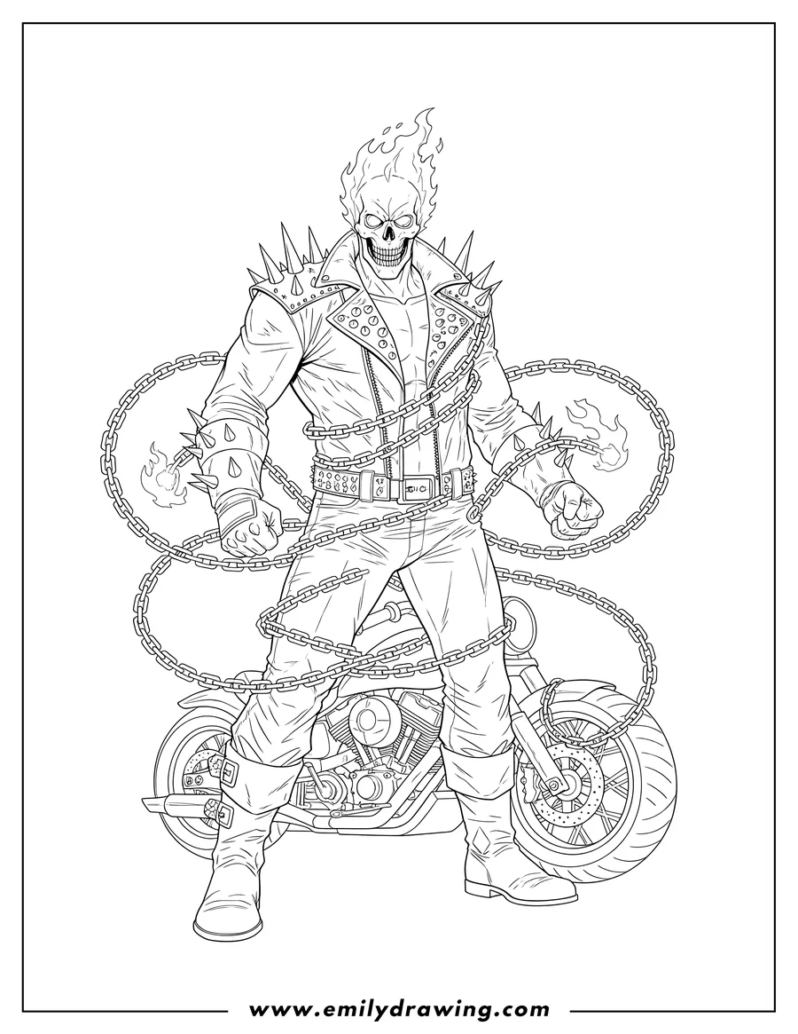 Vector style outline of ghost Rider in a spiked jacket, holding his hellfire chain wrapped around him