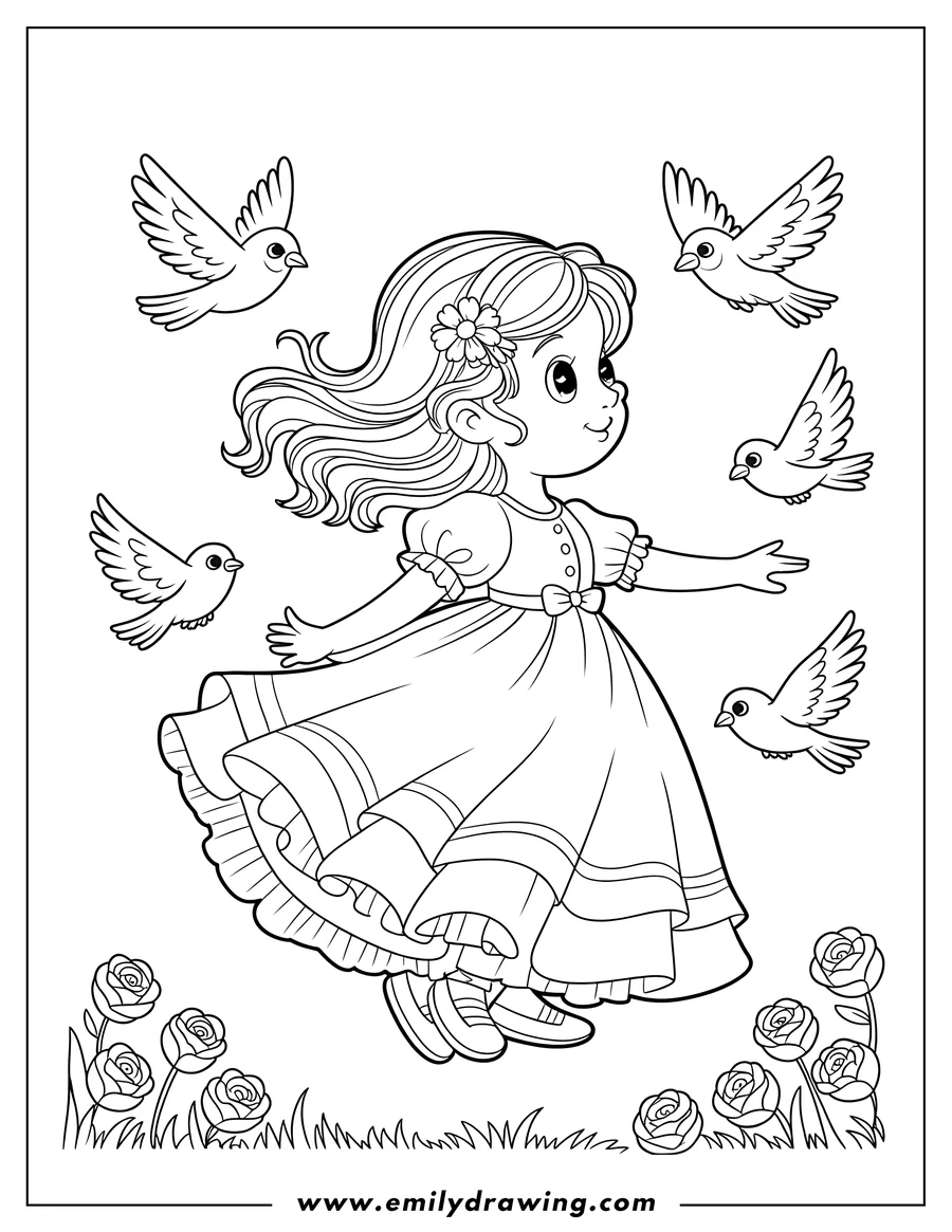 Black and white line art of girl