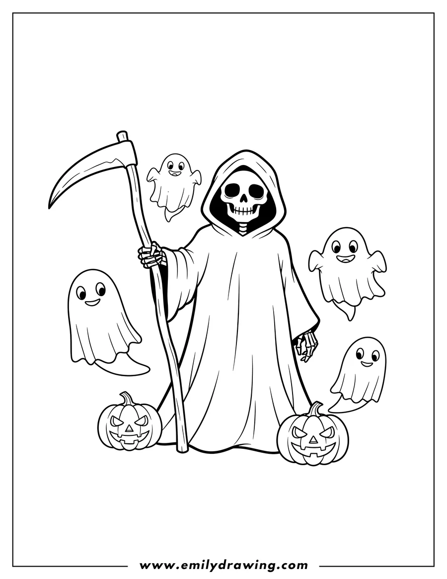 PDF style coloring page: grim Reaper holding a scythe, surrounded by blanket ghosts and three jack-o'-lanterns