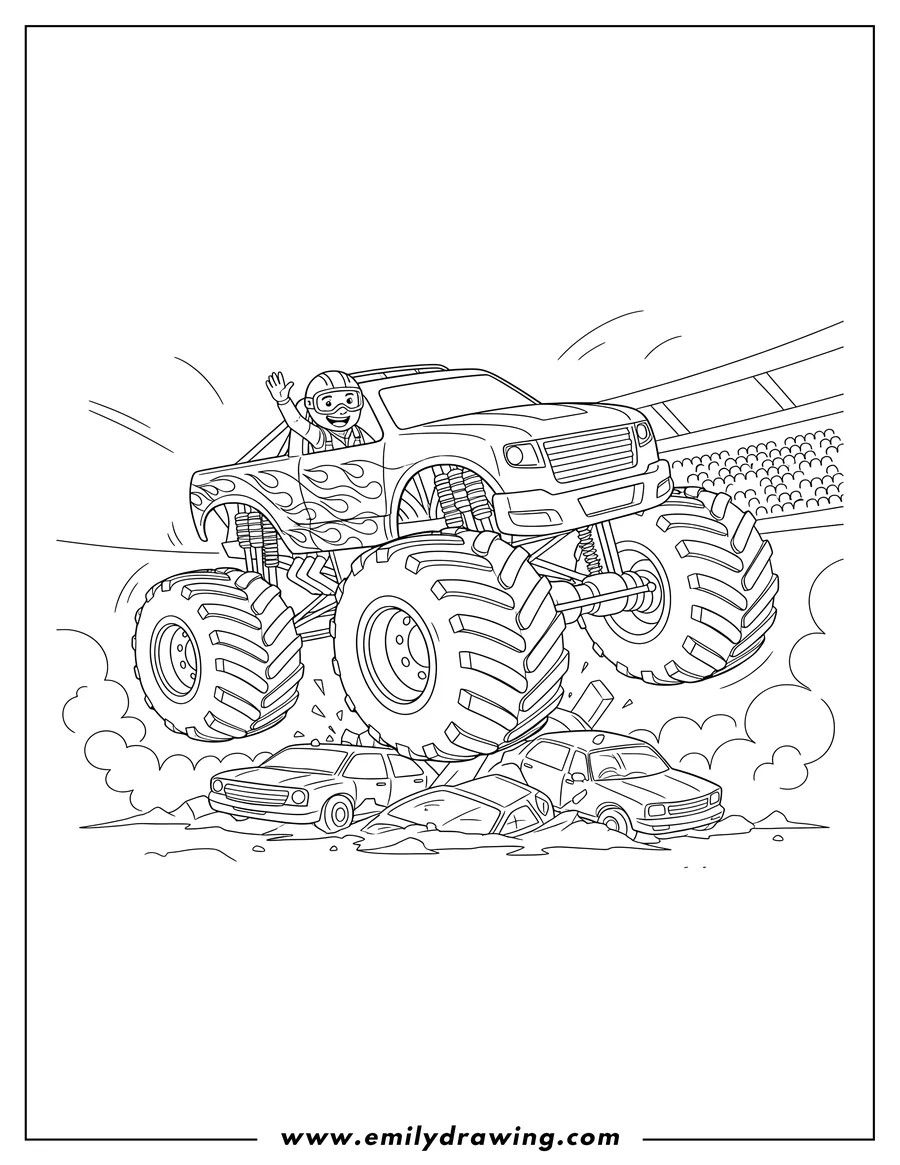 Simple sketch of hot Wheels monster truck with huge wheels and a driver to color