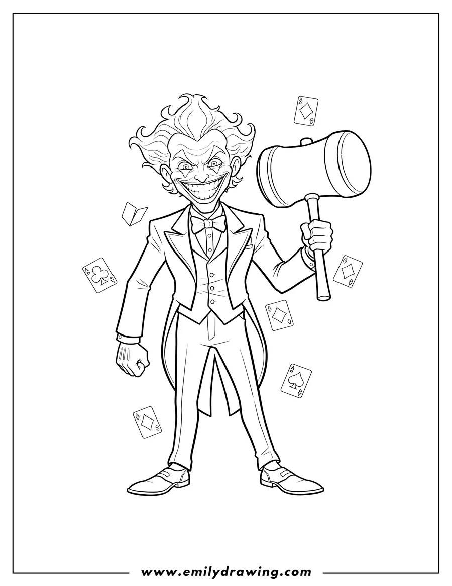 Downloadable coloring page of joker with a wide grin, wearing a suit and holding his iconic mallet
