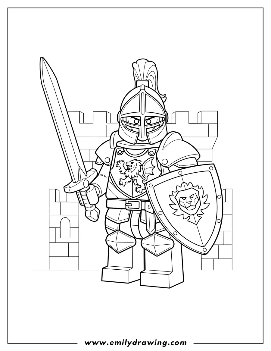 High quality printable lego Knight holding a sword and shield for coloring