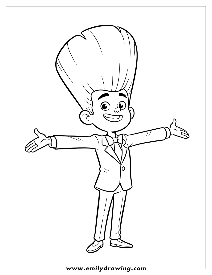 Outline drawing of li'l Gideon in a suit, with tall hair, smiling and arms outstretched